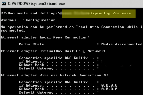 fix ip error ipconfig release