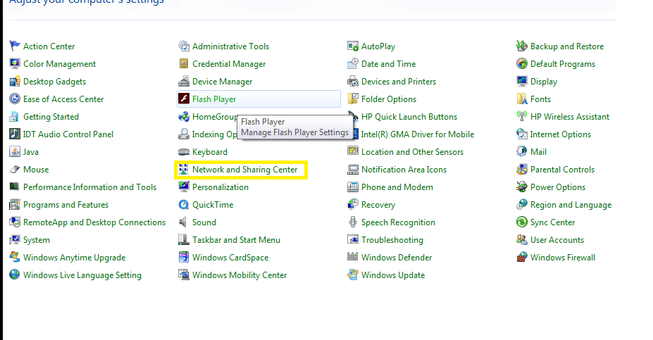 control pane - network and sharing centre