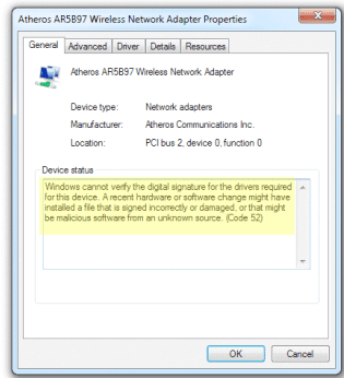 atheros code 52 error