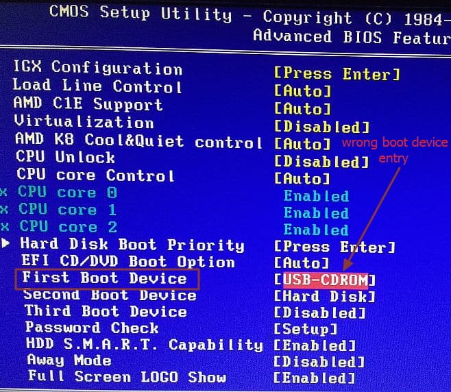 wrong first boot device