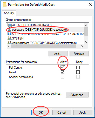 defaulmediacost permissions allow