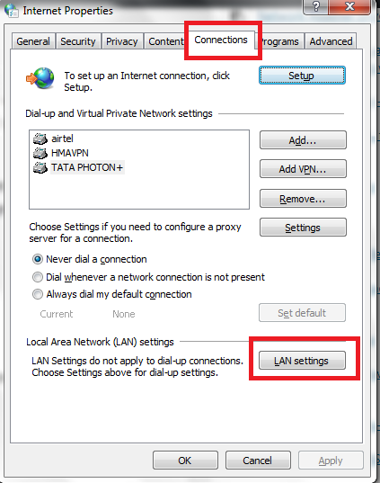 click LAN settings