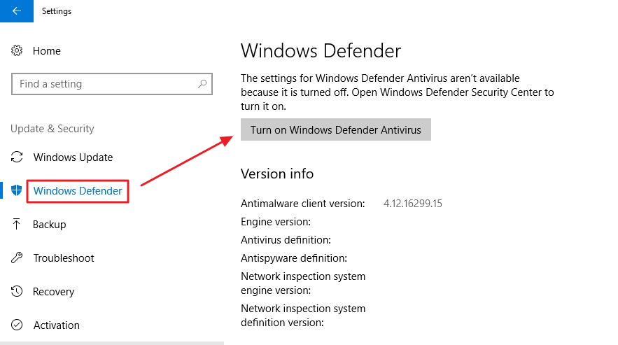 activate windows defender