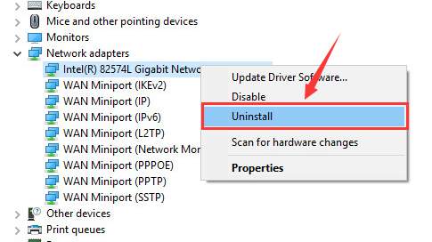 uninstall network adapter