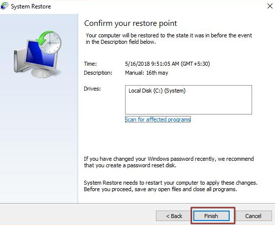 system restore click finish