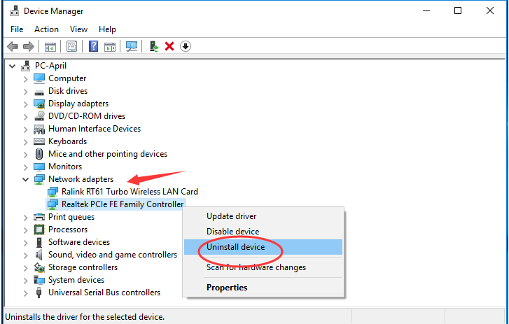 uninstall network adapter drivers