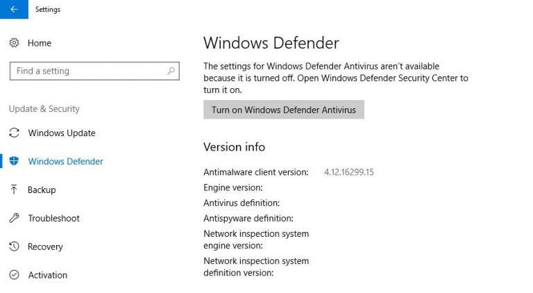 how to activate windows defender in windows 10