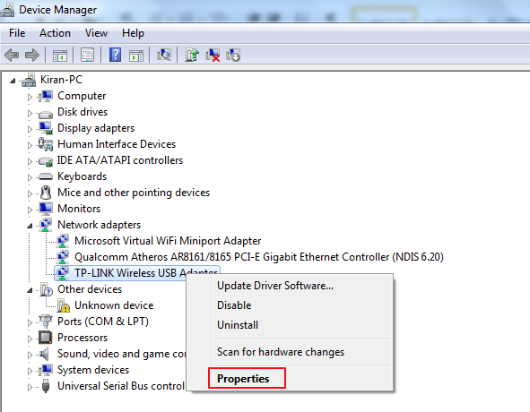 wireless adapter properties