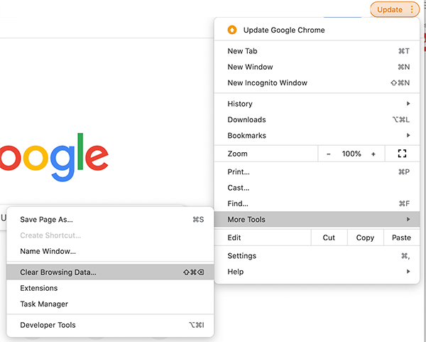 clear google cache menu